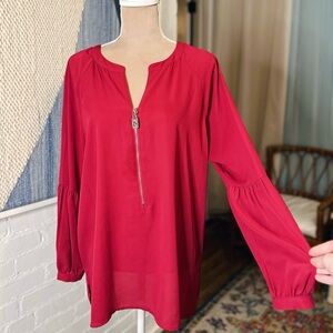 Michael Kors Berry Zip Up Semisheer Balloon Sleeve Blouse